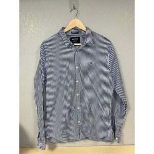 Hollister Mens Epic Flex Muscle Fit Striped Long Sleeve Button Down Shirt Blue L